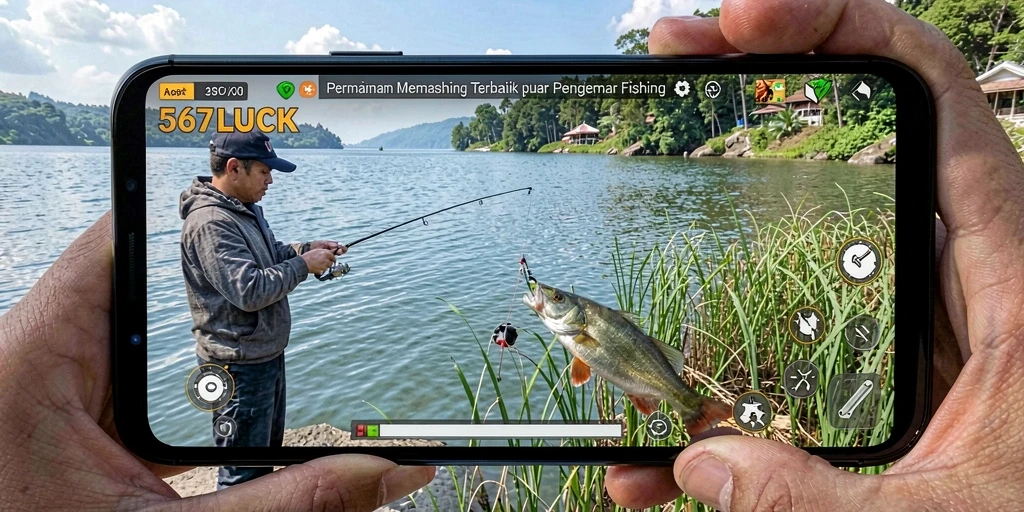 Screenshot gameplay 567LUCK menampilkan pemain yang menangkap ikan di danau.