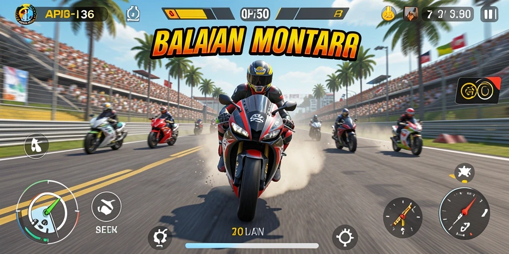 Screenshot gameplay API36 dengan balapan motor yang intens.