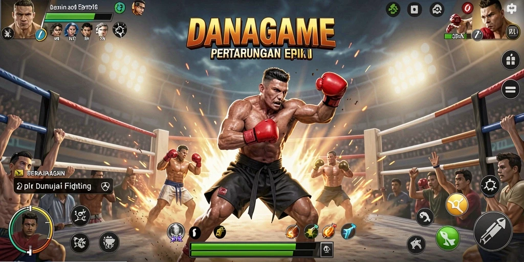 Screenshot menunjukkan pertarungan seru dengan karakter ikonik DANAGAME.
