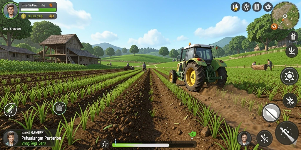 Tangkapan layar utama GAMERP menampilkan aktivitas bertani yang seru.