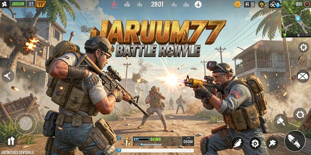 Tangkapan layar dari gameplay intens JARUM77 dalam mode Battle Royale.
