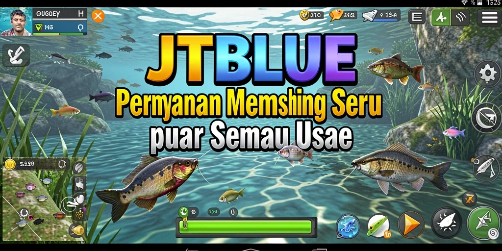 Screenshot gameplay JTBLUE menampilkan aksi seru memancing di laut.