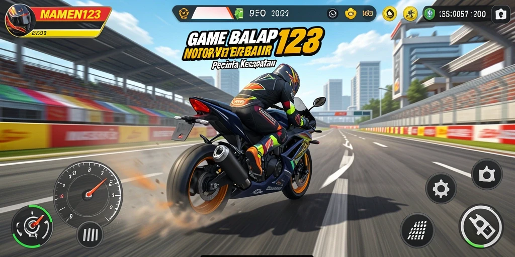 Gameplay seru MAMEN123 dengan balapan motor cepat.