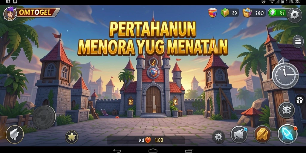Tampilan gameplay OMTOGEL dengan menara strategi yang intens.