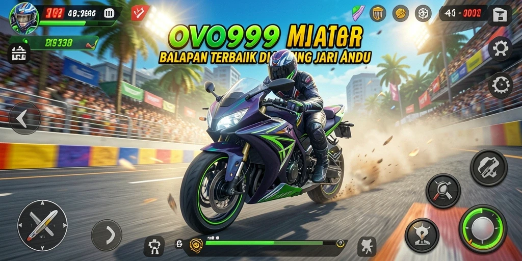 Tampilan gameplay seru dalam OVO99 dengan balapan motor yang mendebarkan.