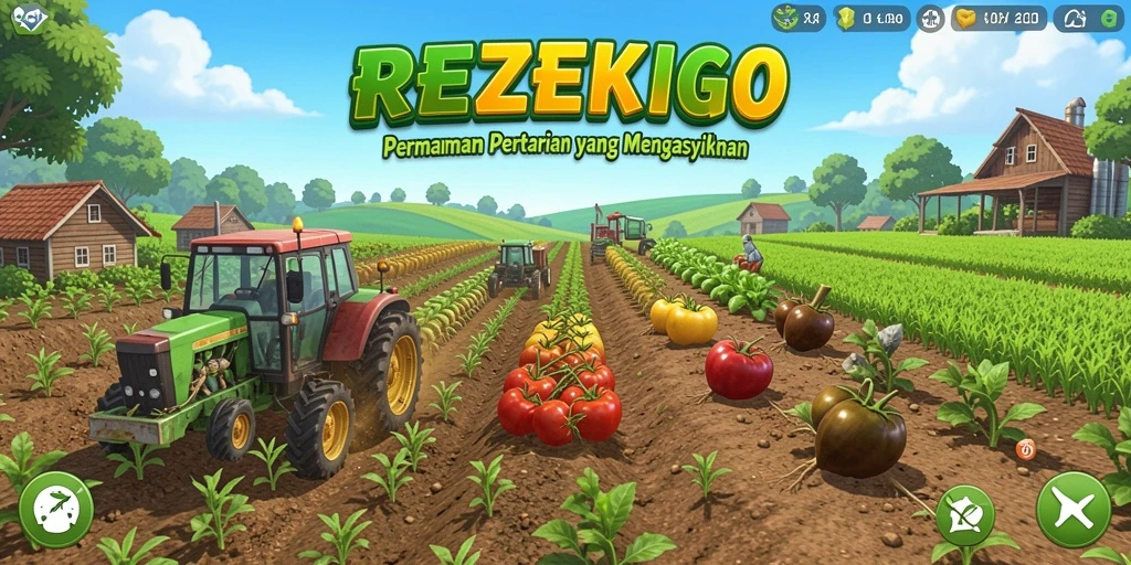 Screenshot utama <strong>REZEKIGO</strong> menunjukkan gameplay pertanian yang seru.