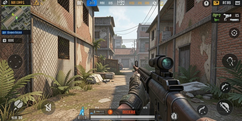 Screenshot RR89 menunjukkan aksi intens dalam pertempuran FPS.