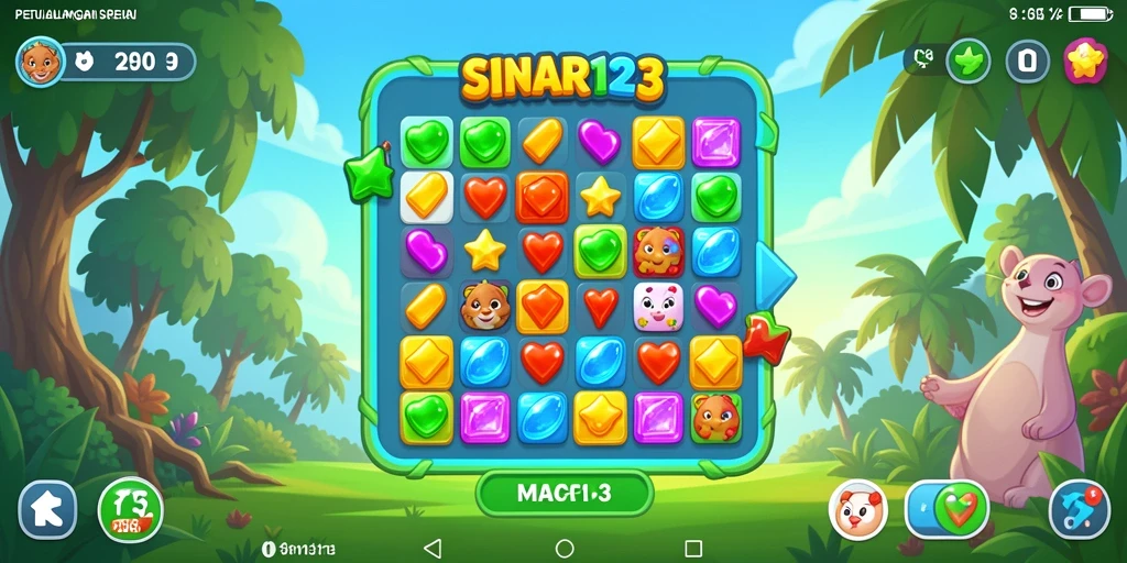 Gameplay Match-3 seru dengan grafis yang cerah.