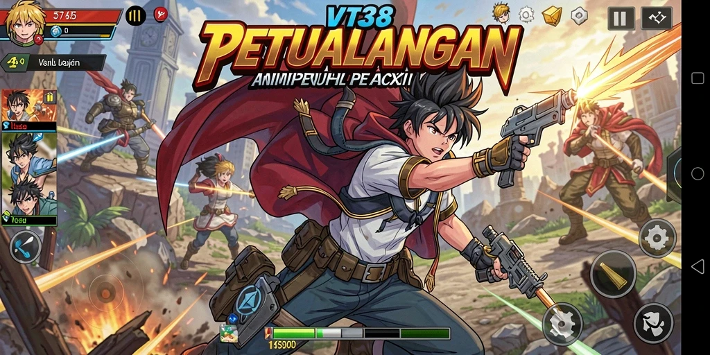 Screenshot gameplay VT38 yang menampilkan pertarungan epik dalam dunia anime.